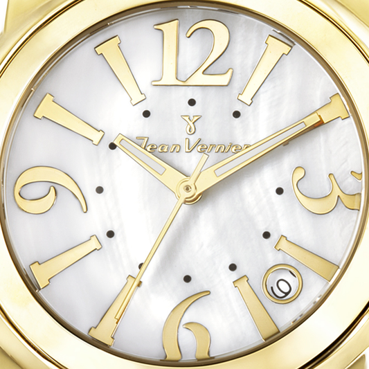 Relógio Jean Vernier Aço Inoxidável Dourado Calendário Feminino JV01006