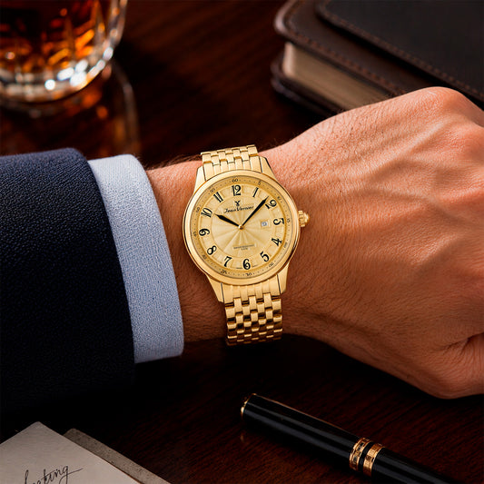 Relógio Jean Vernier Dourado Masculino Calendário Movimento Suíço JV01128