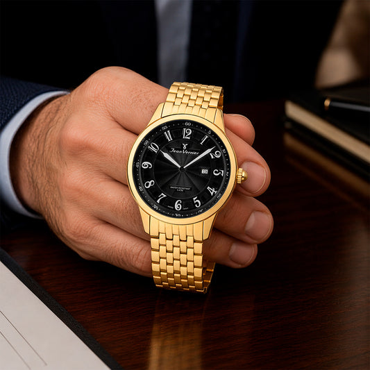 Relógio Jean Vernier Dourado Masculino Movimento Suíço Calendário JV01130