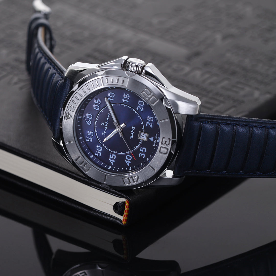 Relógio Jean Vernier Pulseira Couro Calendário Movimento Suíço Azul JV61211A