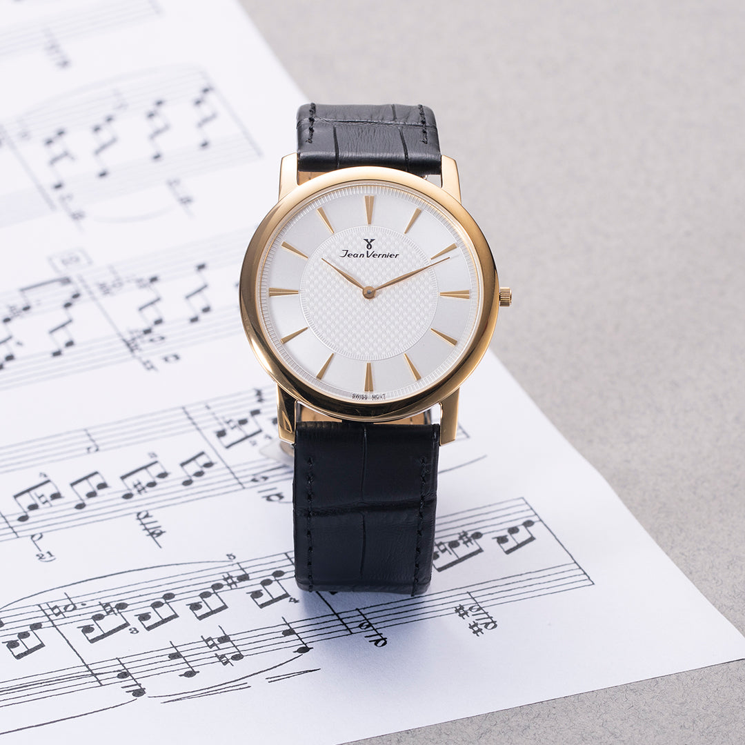 Relógio Jean Vernier Caixa Aço Dourado Pulseira Couro Preto Social JV00335P