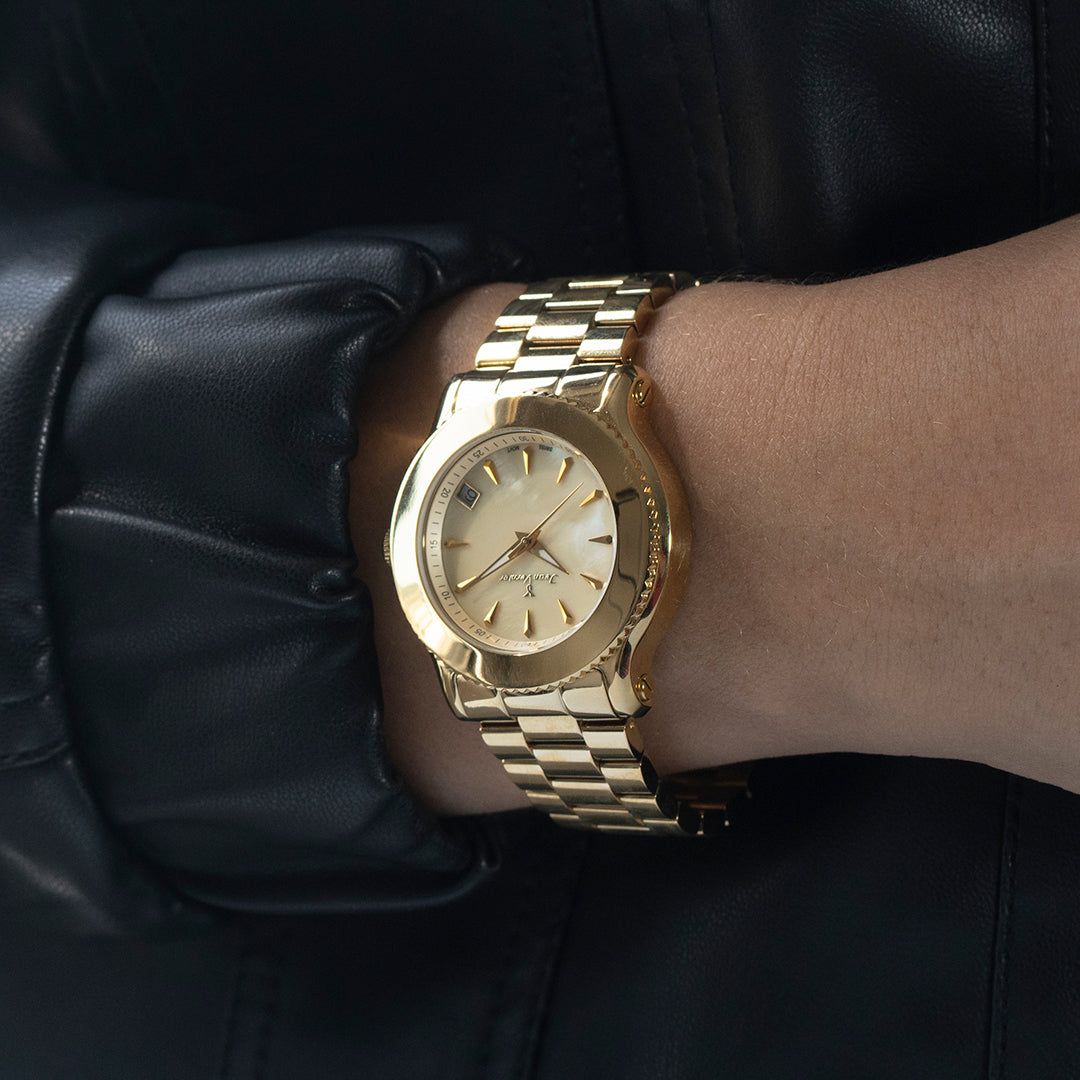 Relógio Jean Vernier Dourado Feminino Calendário Movimento Suíço JV01023