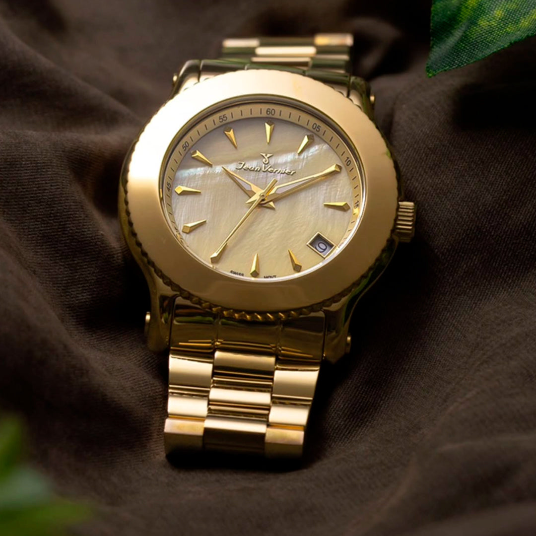 Relógio Jean Vernier Dourado Feminino Calendário Movimento Suíço JV01023