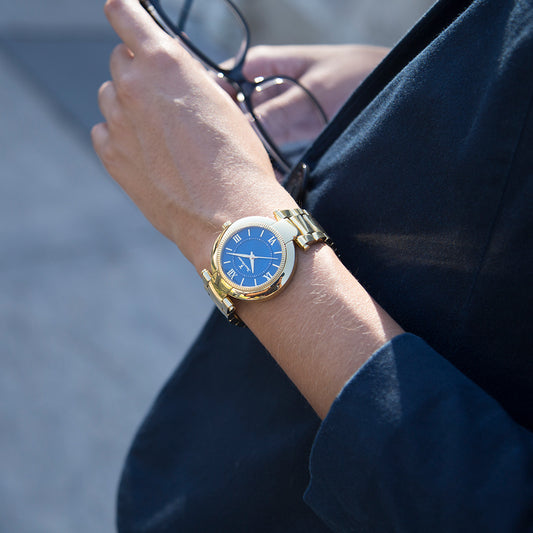 Relógio Jean Vernier Dourado e Azul Feminino Movimento Suíço JV01142