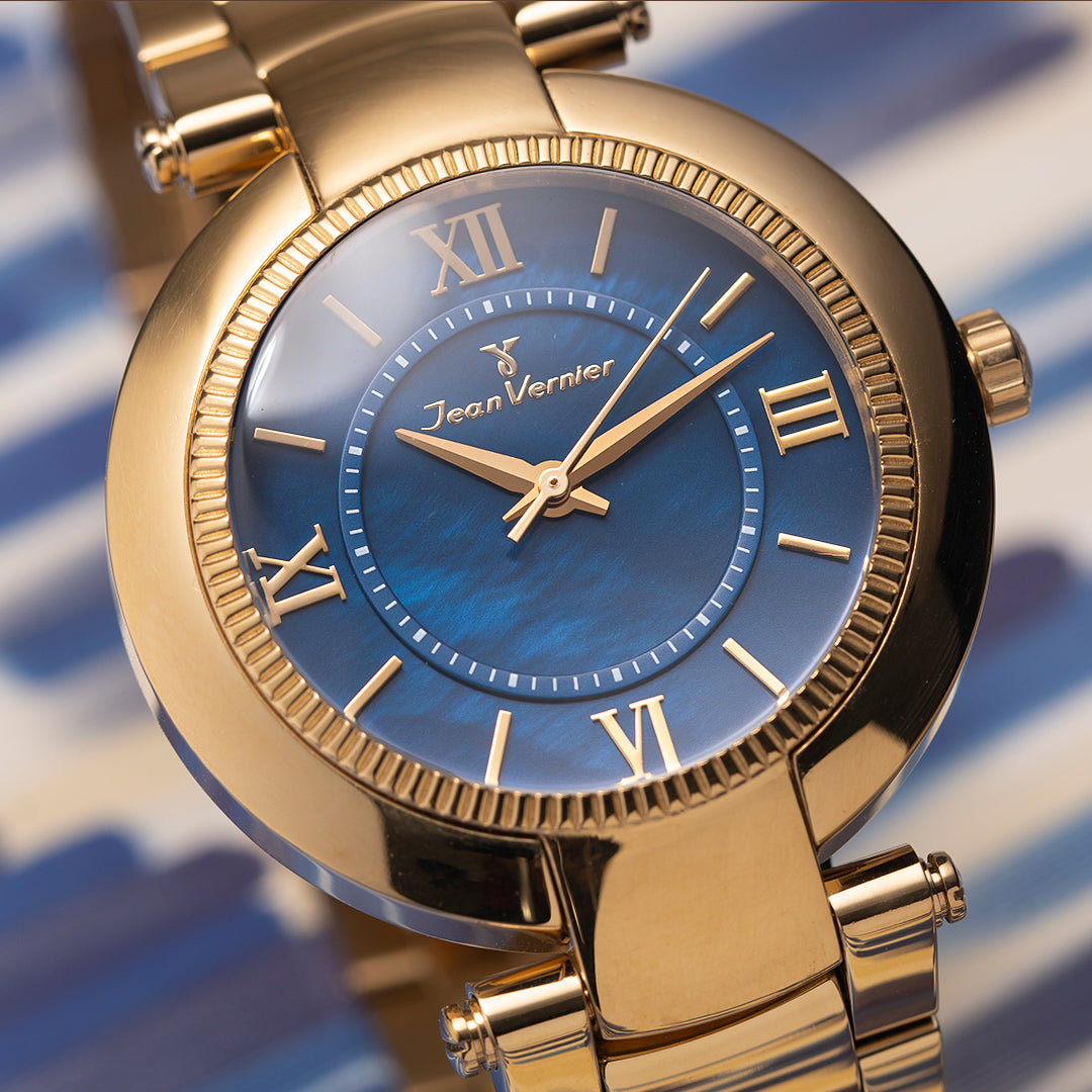 Relógio Jean Vernier Dourado e Azul Feminino Movimento Suíço JV01142