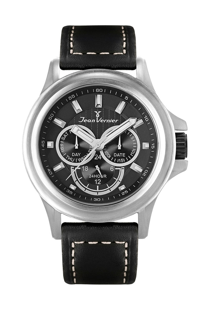 Relógio Jean Vernier Calendário Couro Preto JV01662