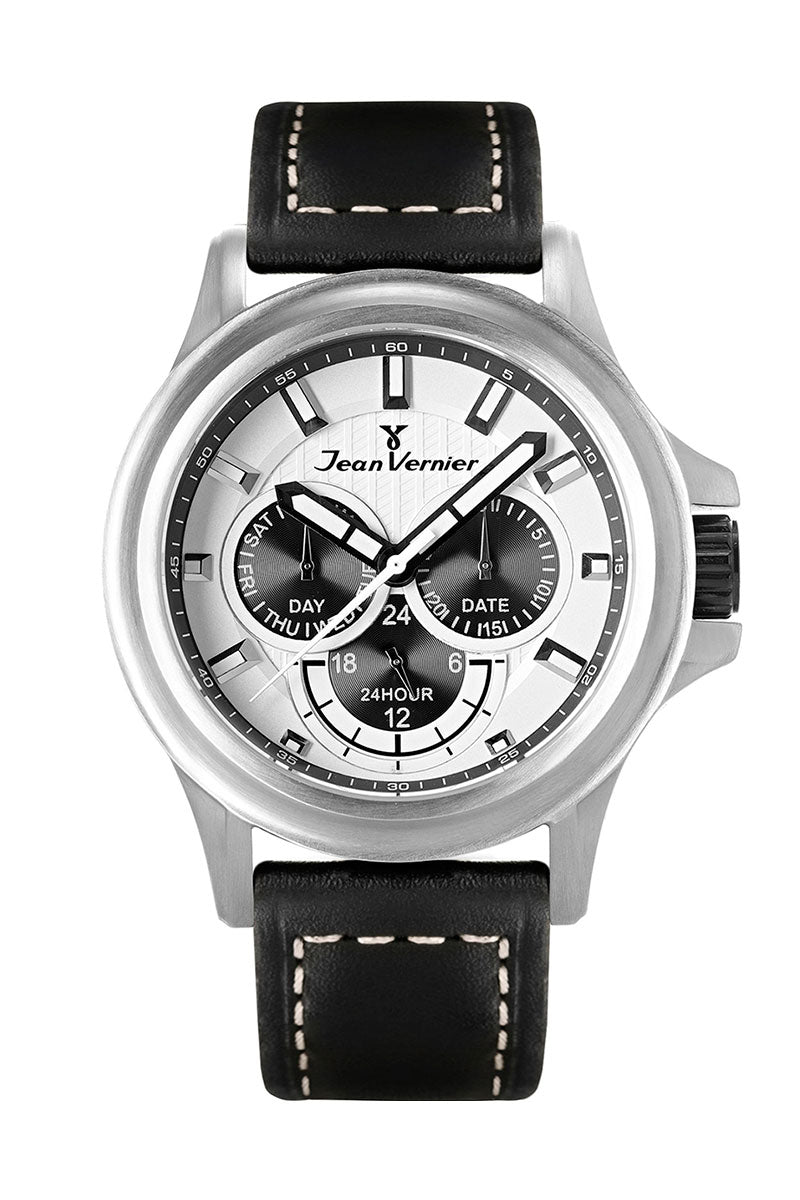 Relógio Jean Vernier Calendário Couro Preto JV01661
