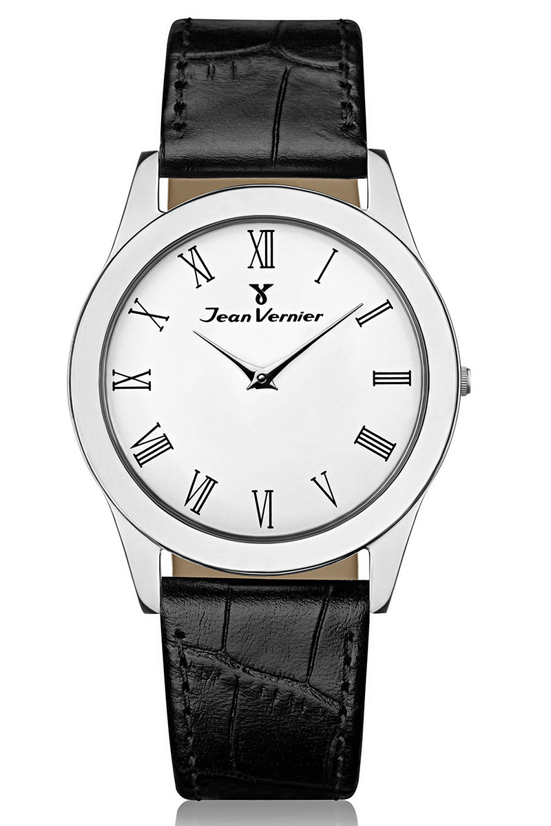 Relógio Jean Vernier Suíço Couro Preto Tipo Croco JV00109