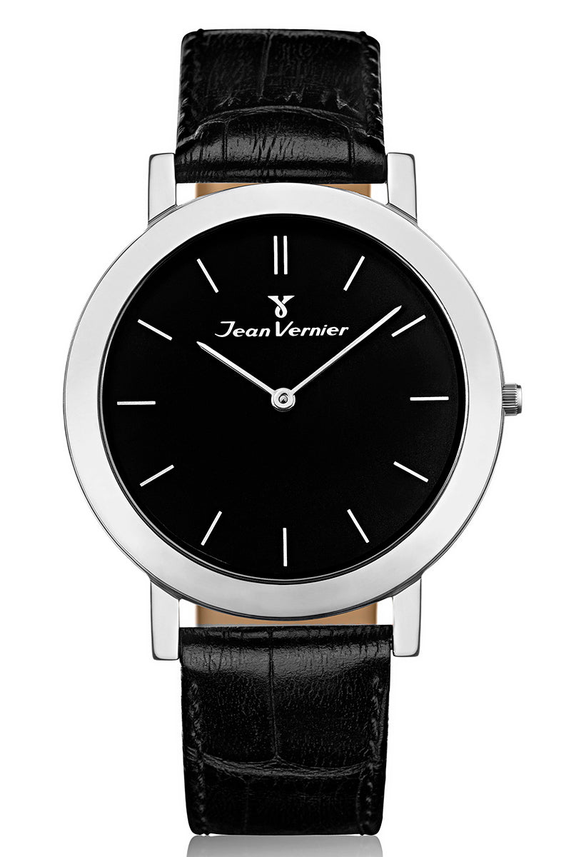 Relógio Jean Vernier Suíço Couro Preto Tipo Croco JV00110P