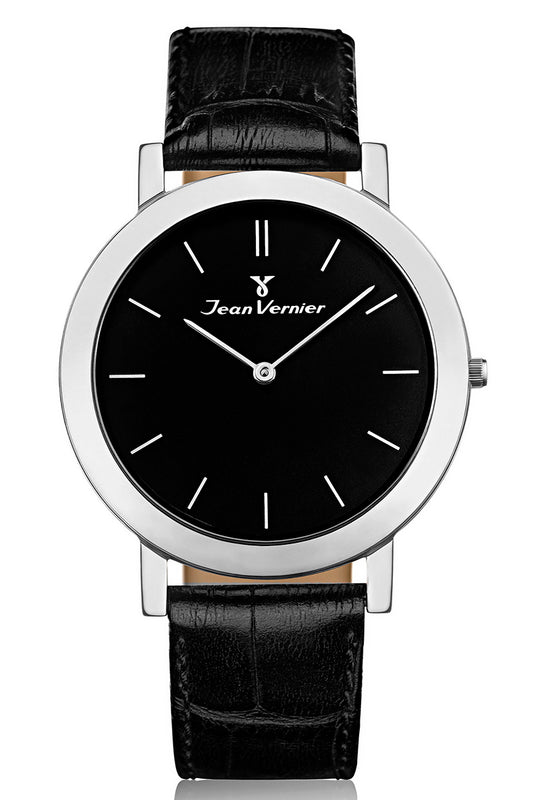 Relógio Jean Vernier Suíço Couro Preto Tipo Croco JV00110P