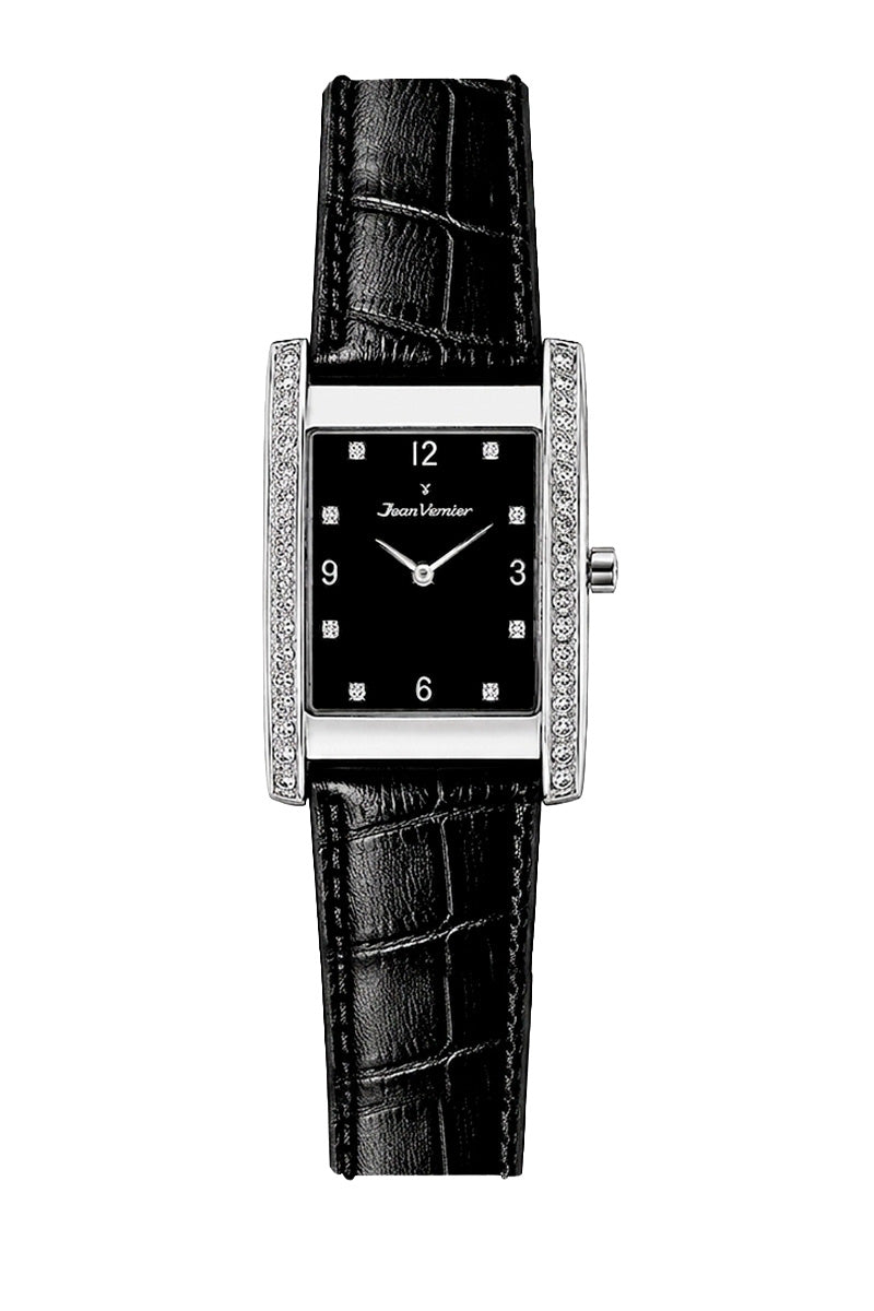 Relógio Feminino Jean Vernier Couro Tipo Croco Preto JV11753LP
