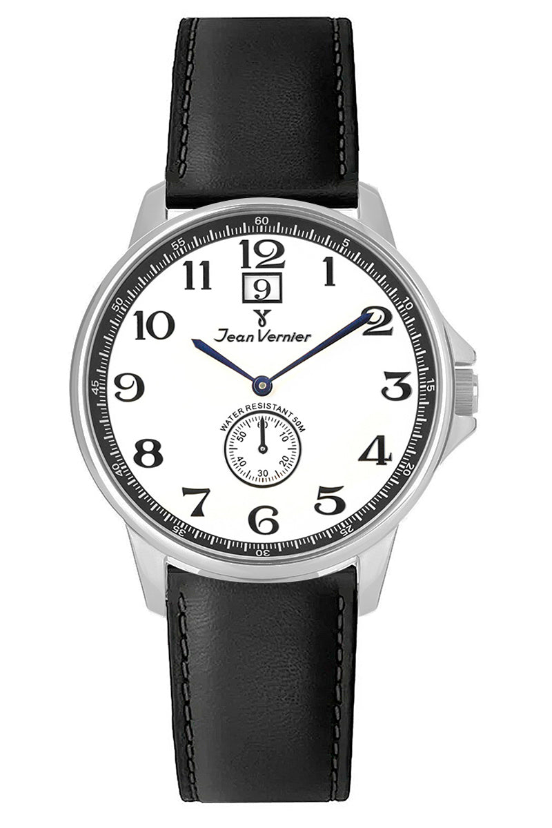 Relógio Jean Vernier Couro Preto Calendário Masculino JV00313B