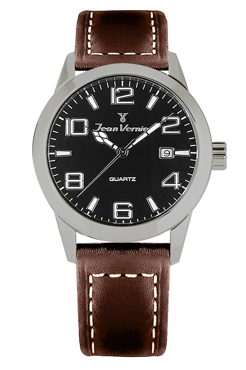 Relógio Jean Vernier Redondo Couro Marrom Suíço JV07000JM