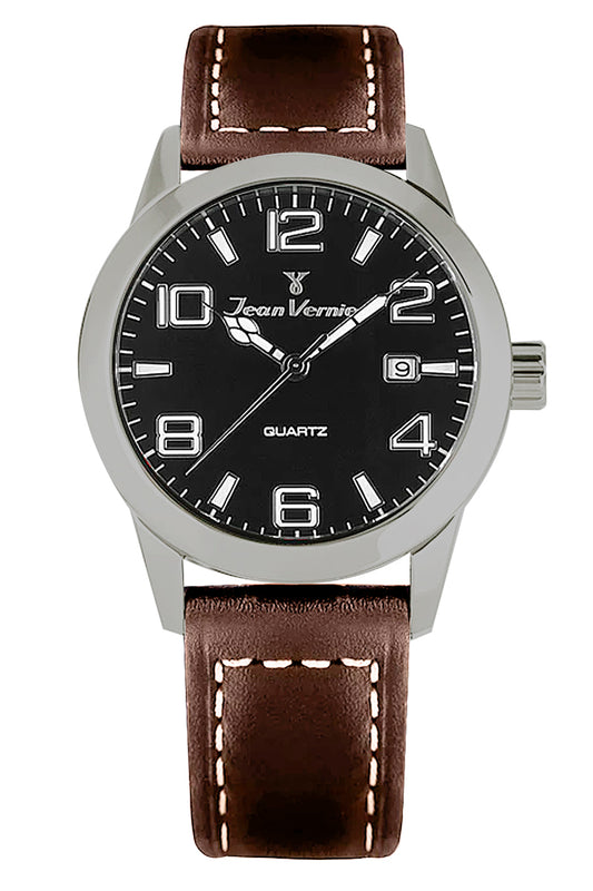 Relógio Jean Vernier Redondo Couro Marrom Suíço JV07000JM