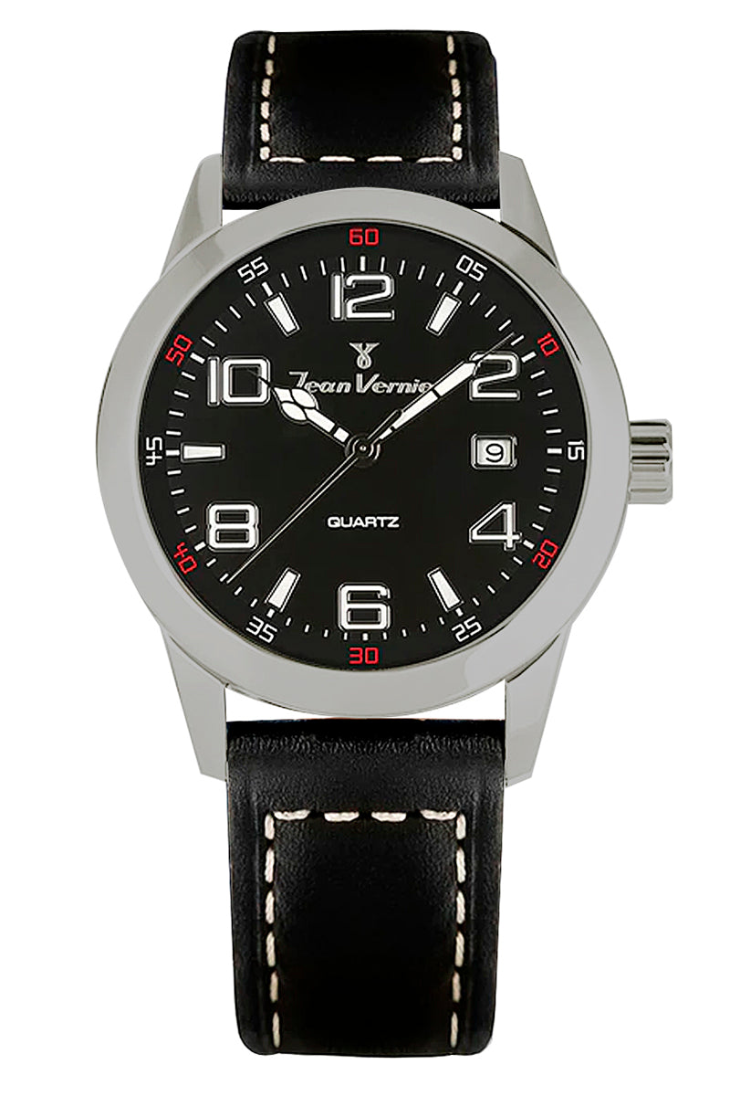 Relógio Jean Vernier Redondo Couro Preto Suíço JV07000VJP