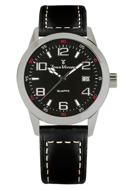 Relógio Jean Vernier Redondo Couro Preto Suíço JV07000VJP