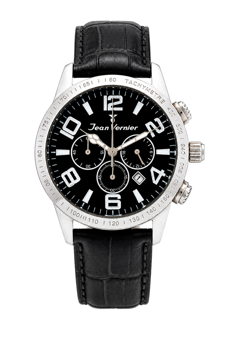 Relógio Masculino Jean Vernier Cronógrafo Couro Preto JV07004P