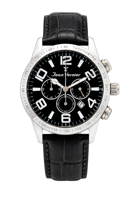 Relógio Masculino Jean Vernier Cronógrafo Couro Preto JV07004P