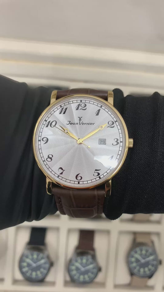 Relógio Masculino Jean Vernier Dourado Couro Marrom JV01030