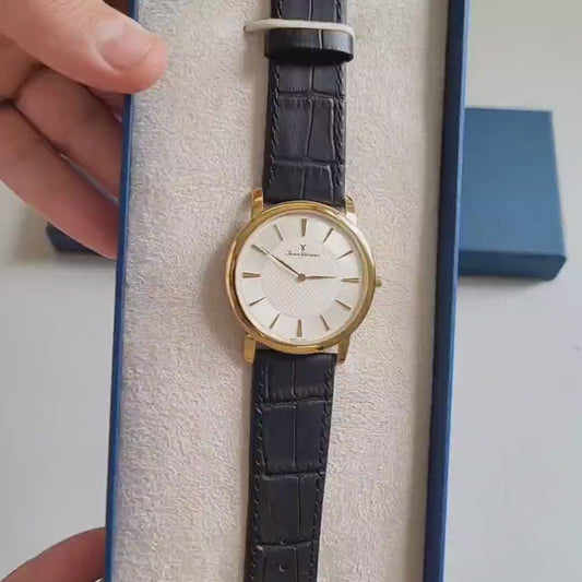 Relógio Jean Vernier Caixa Aço Dourado Pulseira Couro Preto Social  JV00335P